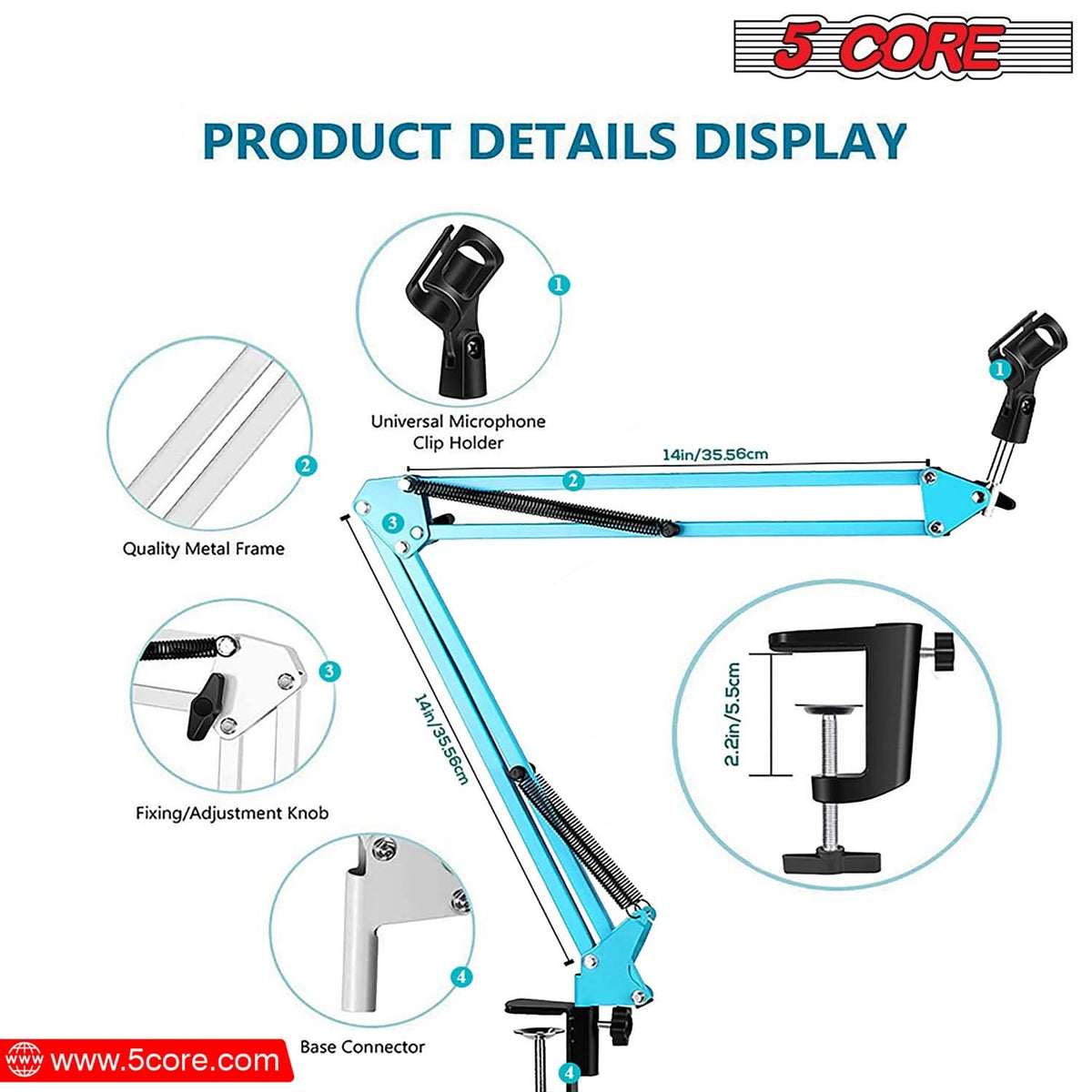 5Core Microphone Boom Arm Desk Mic Stand Adjustable Clamp Suspension Boom Stands BLUE